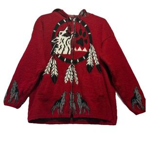 100% Wool Native American Dream Catcher Red Full Zip Sweater Coat‎ XL